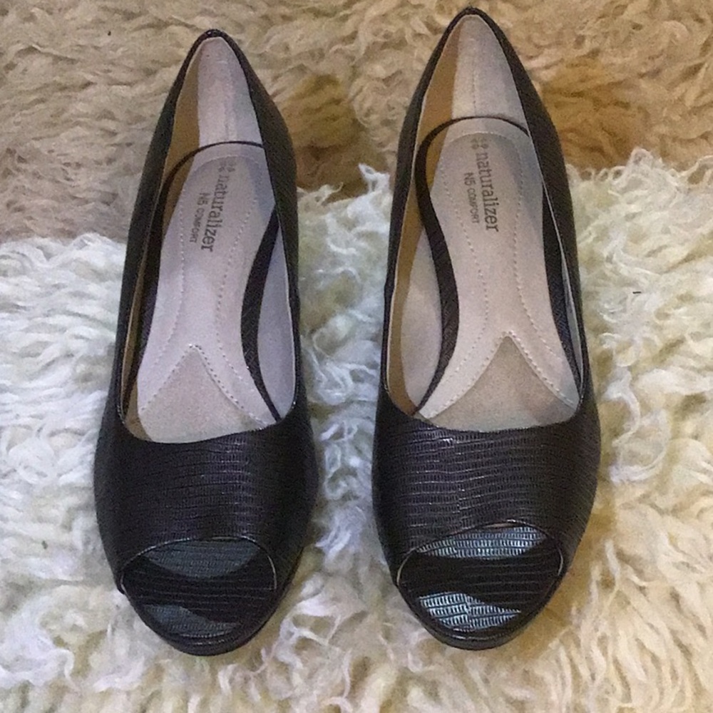 Pewter peep toe pumps